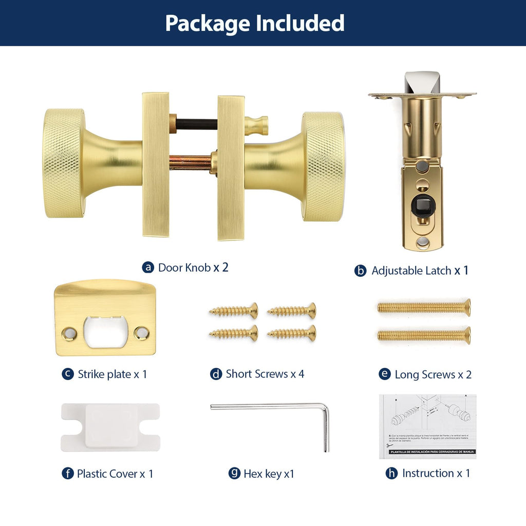 Gold Privacy Door Knobs Interior, Zinc Alloy Keyless Brushed Gold Door Knobs with Lock , Knurled Heavy Duty Brushed
