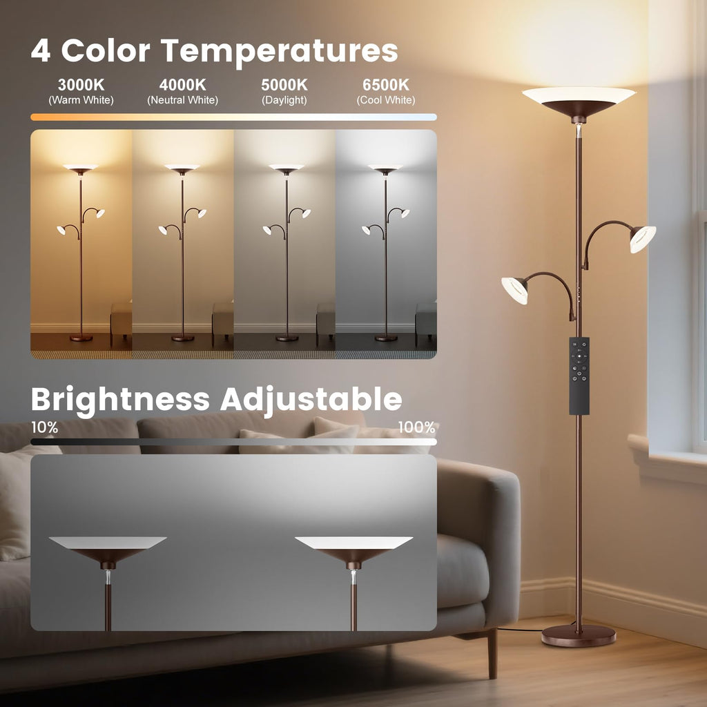 42W 3-Light Torchiere Floor Lamp, LED Tree Standing Lamp