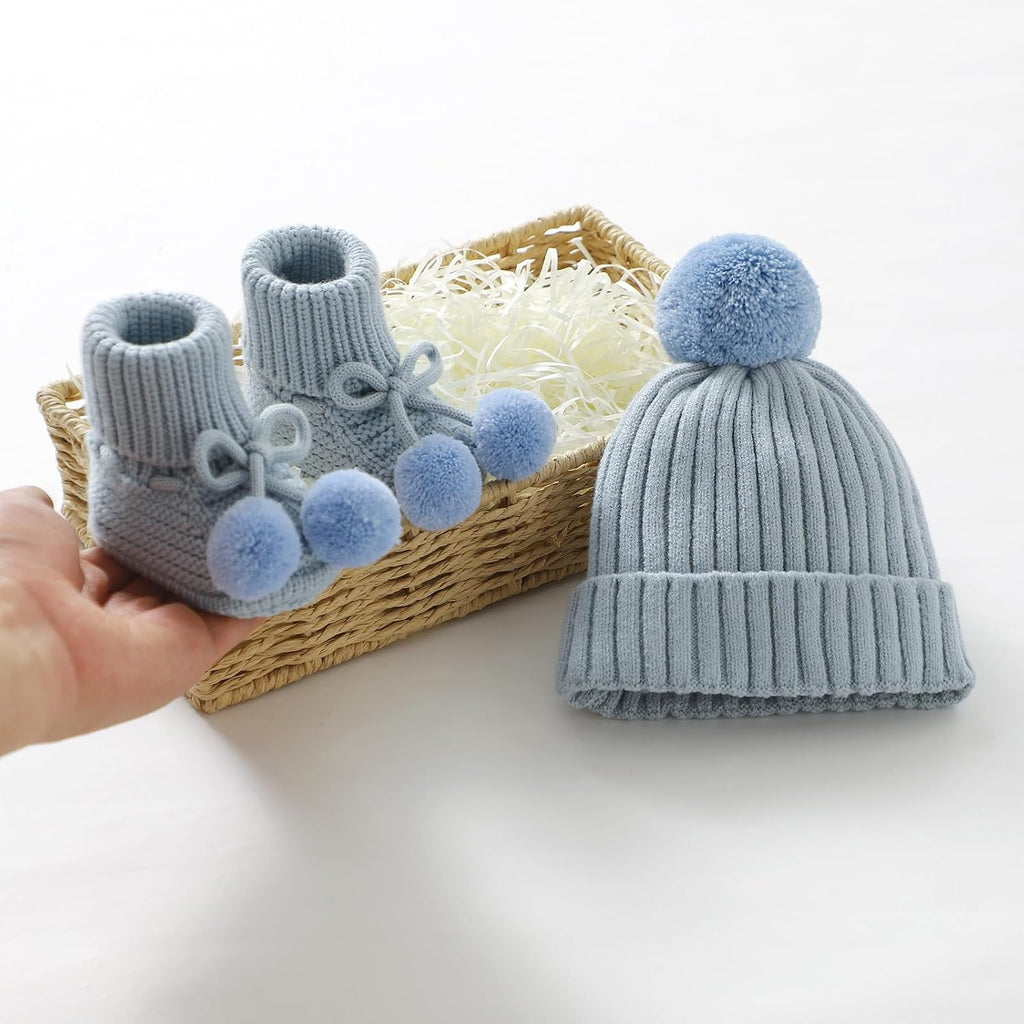 Baby Hats and Booties Set Knit Pompom Beanie Caps Shoes Winter