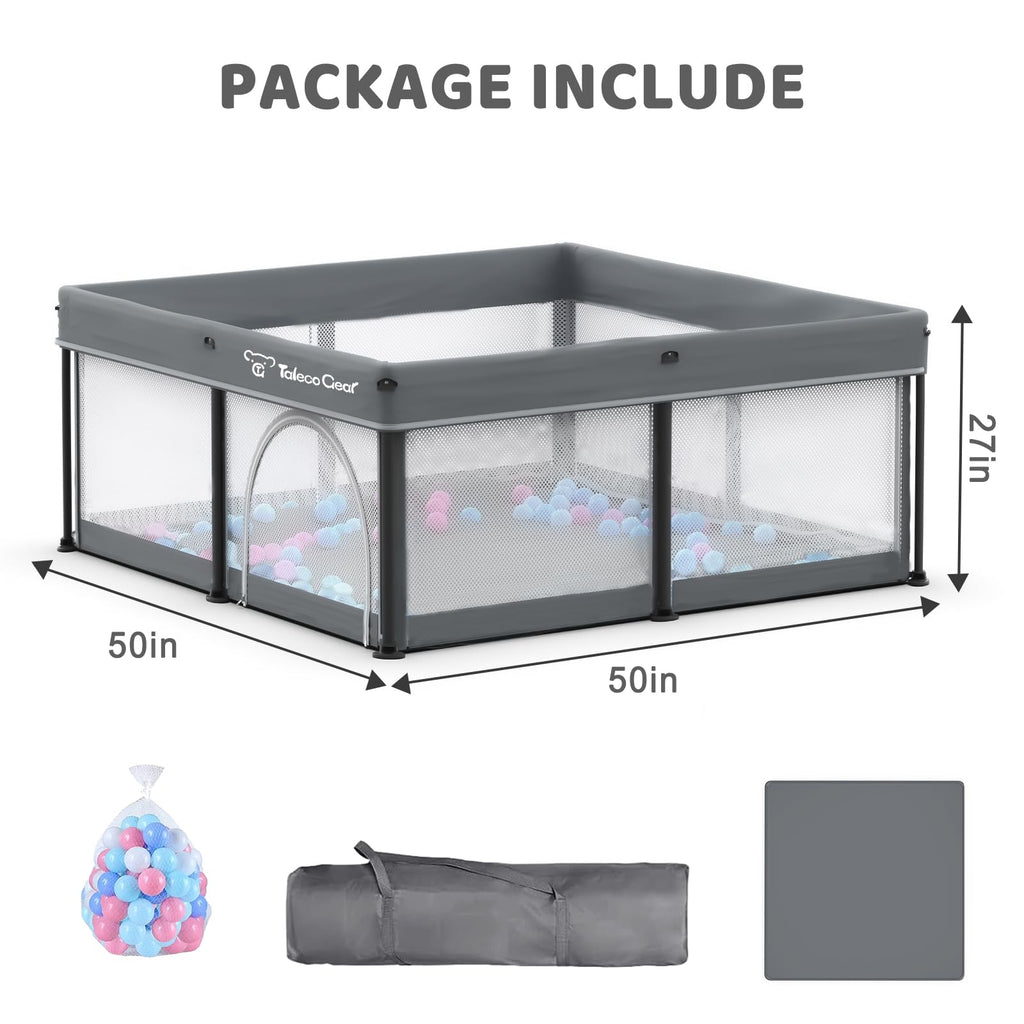 Taleco Gear Foldable Baby Play Pen with Mat, 50''x50'' Playpen for Babies and Toddlers, Playpen for Baby with Gate