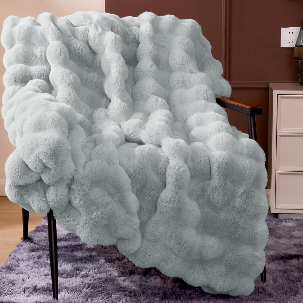 1000GSM Faux Rabbit Fur Throw Blanket, Super Heavy Warm Cozy Grey Blankets for Couch Bed Sofa, Ruched Plush Fuzzy