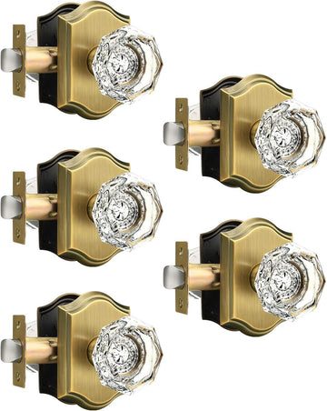 5 Pack Passage Crystal Door Knobs in Antique Brass for Hall Closet Laundry Room,Clear Octagon Shape,Keyless Outside