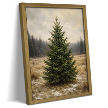 Framed Vintage Christmas Tree Wall Art, Evergreen Pine Tree in Winter Landscape Wall Decor, Rustic Woodland Canvas