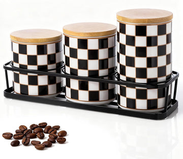Small Checkered Kitchen Canister with Black Metal Stand,17/19/27oz - Set of 3