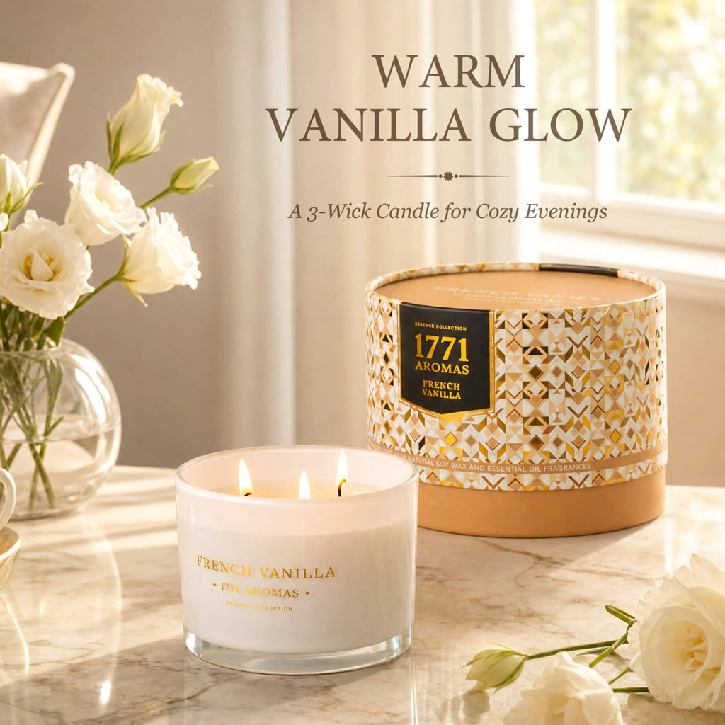 French Vanilla Scented Candle - 100% Natural Soy Wax - Large 3 Wick Jar - Up to 40 Hours Burning Time - Aromatherapy