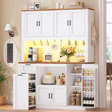 71" Pantry Cabinet with Charging Station and LED Light, Kitchen Pantry Cabinet with Microwave Stand, 47.2" Wide