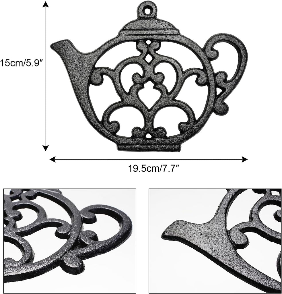 Heavy Duty Cast Iron Trivet,Decorative Rustproof Black Trivet or Dinning Table,7.9" x 6" with Vintage Lovely Teapot