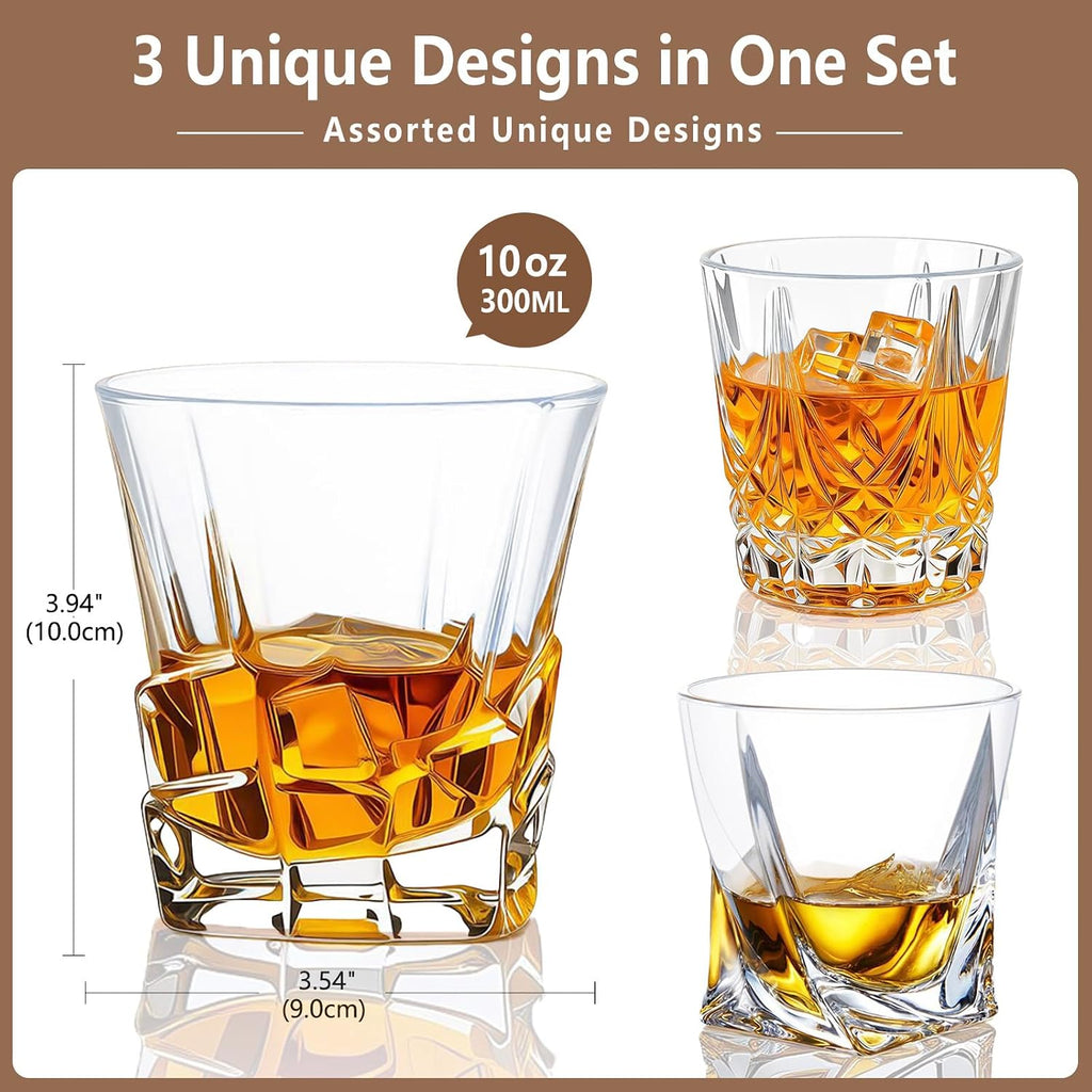 Crystal Whiskey Glasses Set of 6-10oz Old Fashioned Rocks Glasses with 3 Unique Designs - Heavy Base Tumblers for