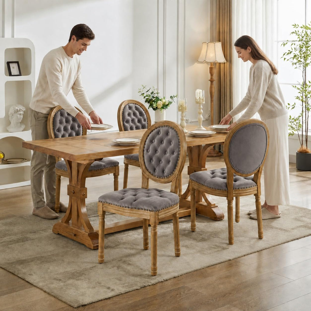 French Country Dining Chairs Set of 8, Gray Kitchen & Dinning Chairs, Velvet Kitchen Chairs, Tufted Upholstered, Wood