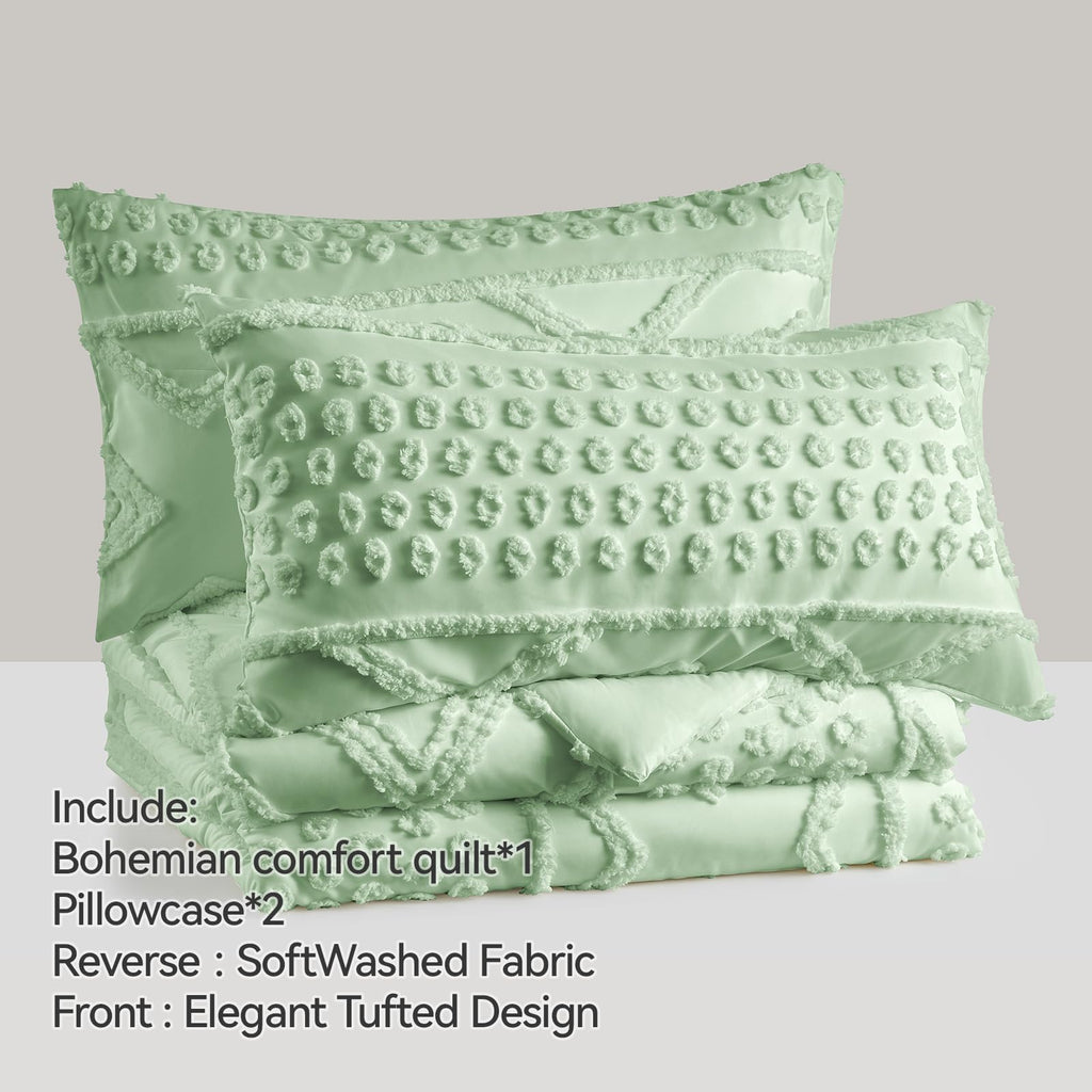 Boho King Comforter Set Sage Green with Sheets, 3 Pieces Tufted King Comforter Sets Boho Bedding Cream Soft Warm