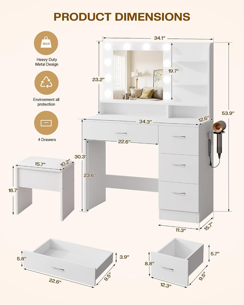 White Makeup Vanity Desk with Charging Station & 4 Drawers | 10 LED Bulbs, HD Mirror, Cushioned Stool, Hairdryer Rack