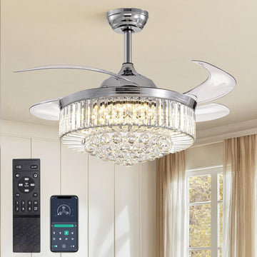 Modern 42 Inches Dimmable Fandelier Crystal Retractable Ceiling Fans with Light and Remote, Invisible LED Crystal