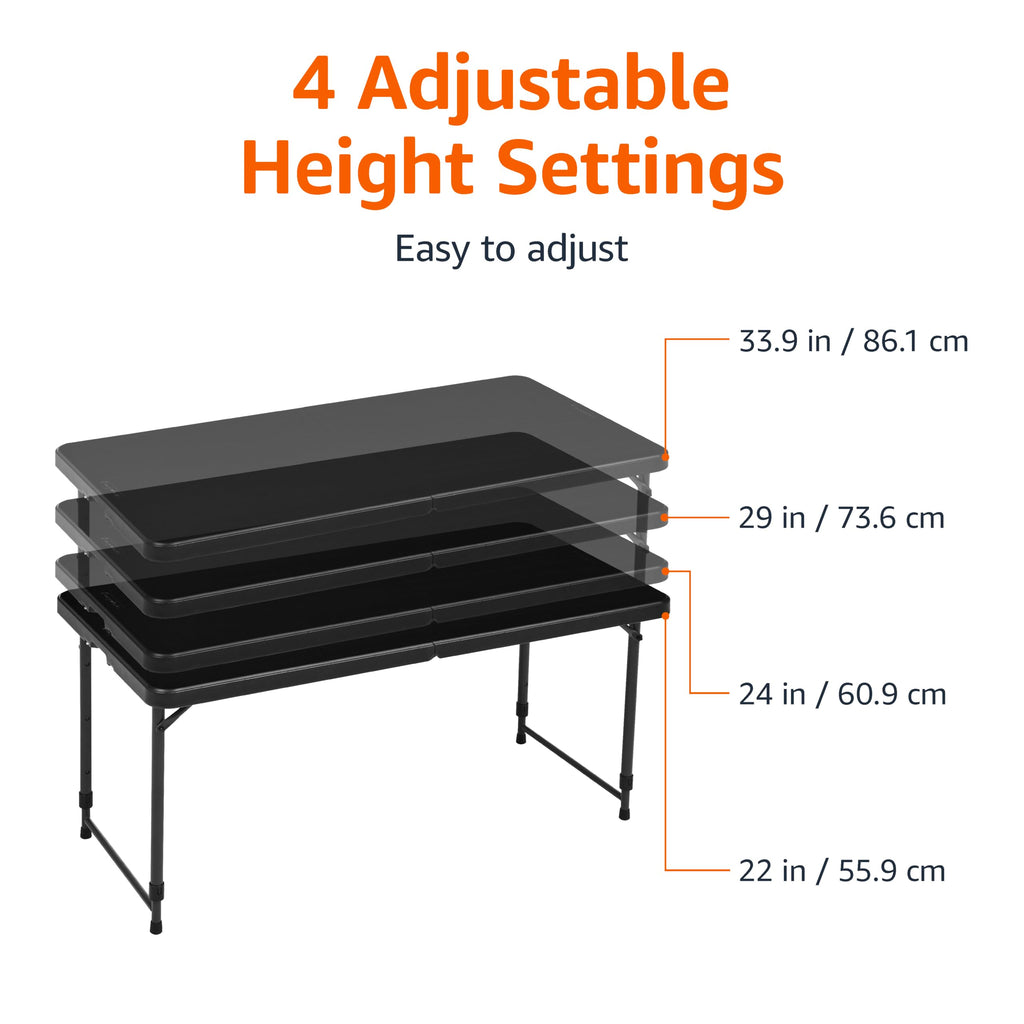 Portable 4 Ft Rectangular Folding Dining Table, 4 Adjustable Height Settings, Space Saving Fold-in-Half Design and