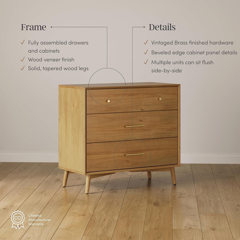 Harper Mid Century Modern Dresser, Solid Wood Dresser with 3 Drawers and Metal Drawer Pulls, Light Acacia