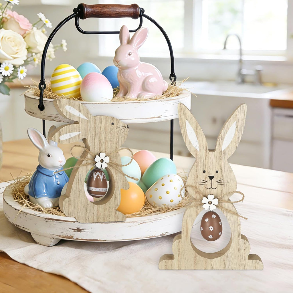 Easter Decorations Wooden Bunny Tiered Tray Decor Happy Easter Table Centerpieces Farmhouse Rabbit with Egg - Set of 2