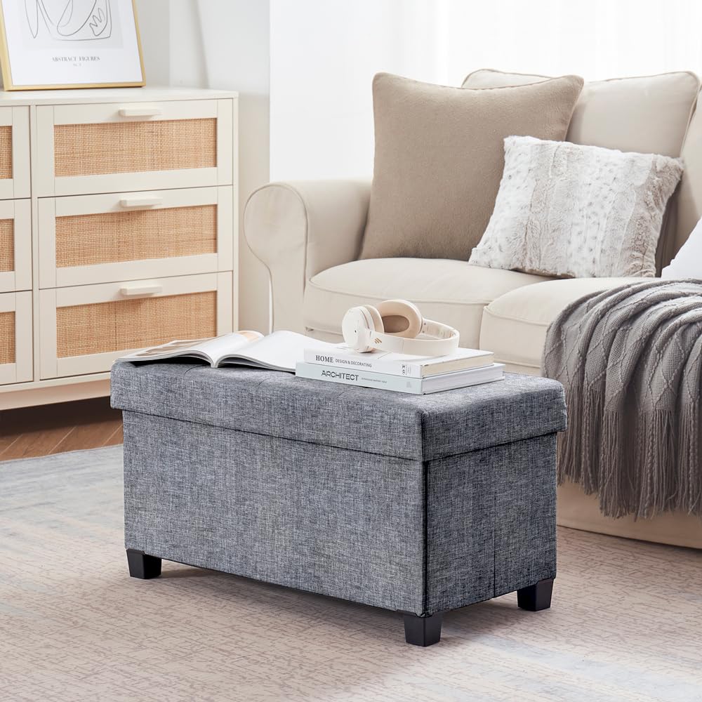 30" Large Storage Ottoman Bench with Legs, Gray