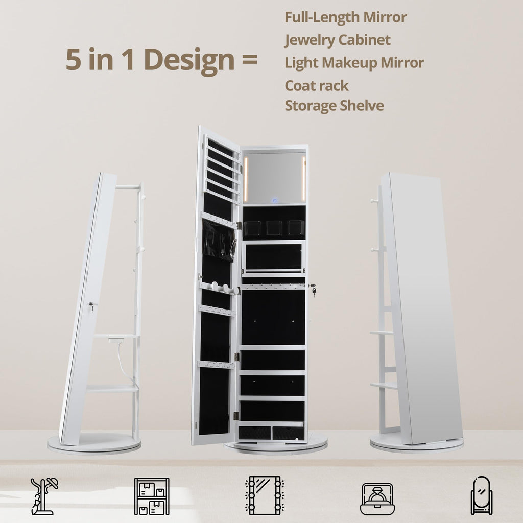 360° Swivel Jewelry Cabinet with Full-Length Mirror, Power Outlet