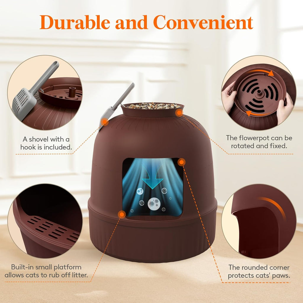 Hidden Plant Cat Litter Box with Plastic Scoop, Brown