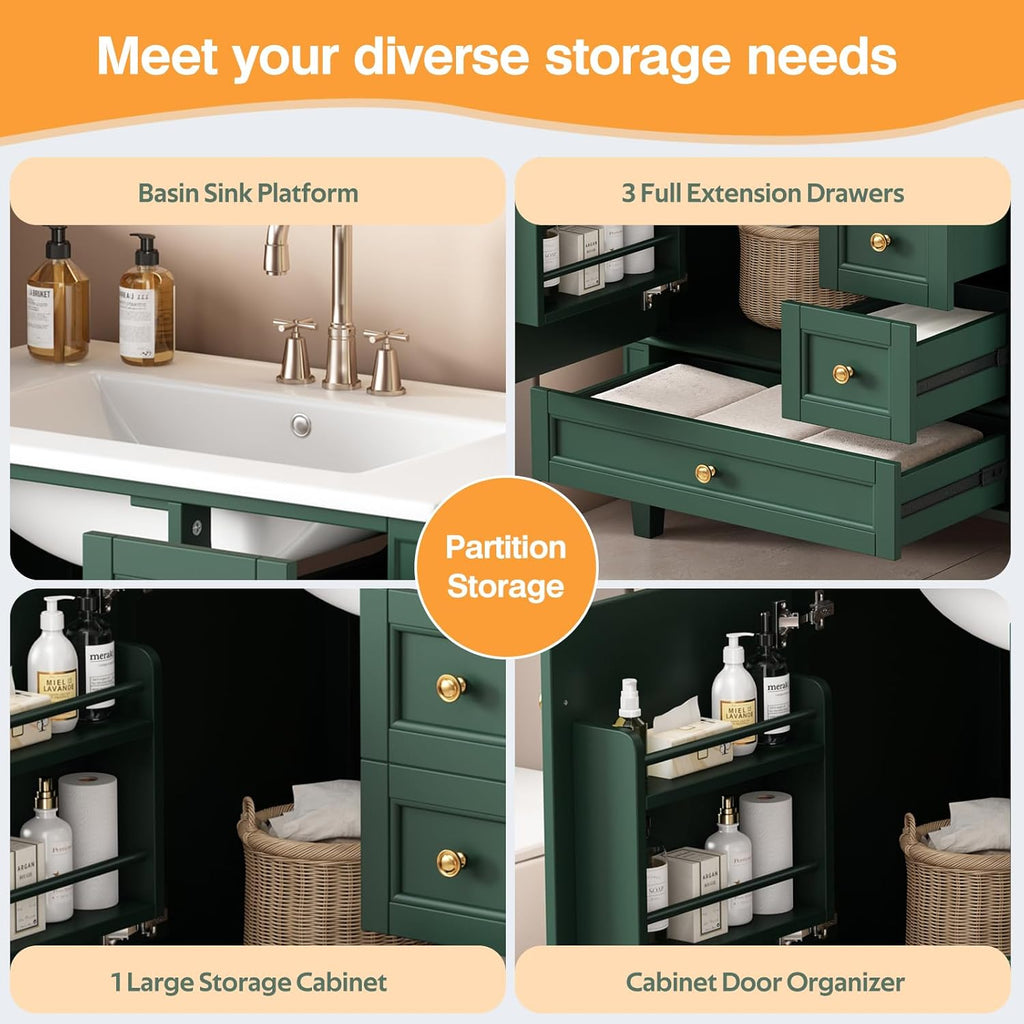 30" Bathroom Vanity with Sink, Modern Bathroom Storage Cabinet with 3 Drawers & 1 Door, Freestanding Bathroom Vanities