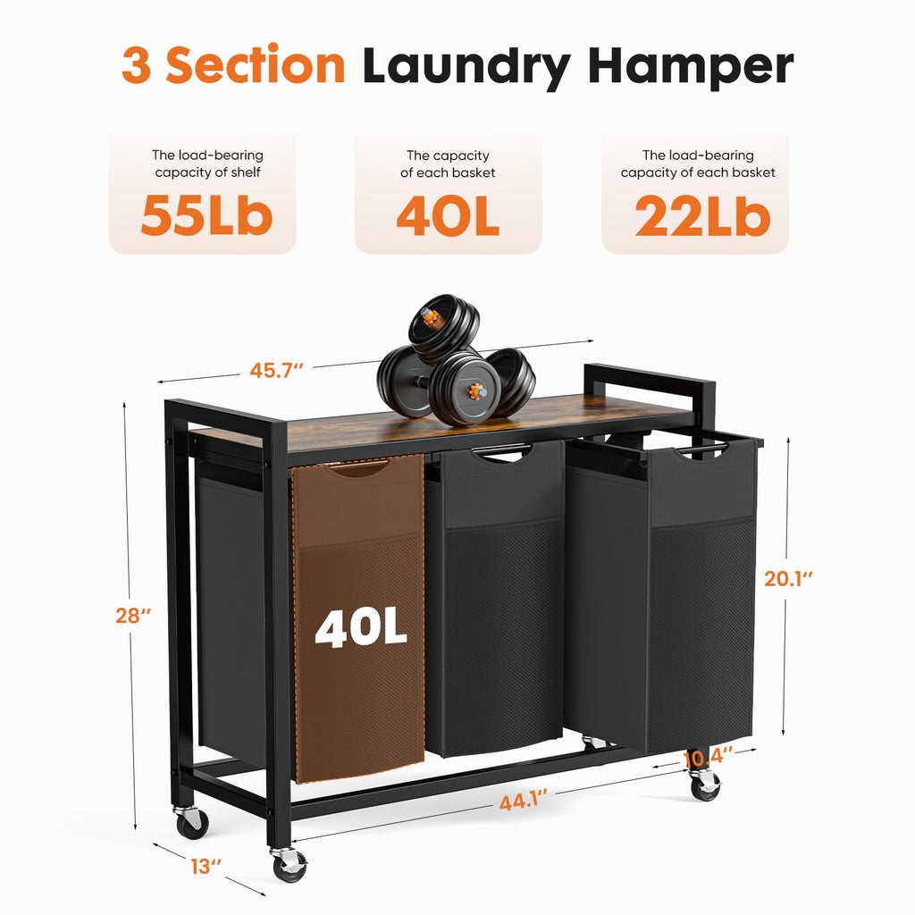 Laundry Hamper Sorter, Rolling Laundry Basket, 3 x 10.6 Gal