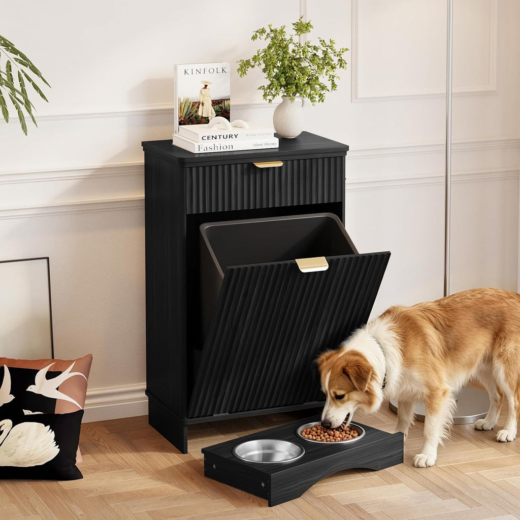 Tilt-Out Trash Cabinet with Dog Feeding Station, Pet Food Storage, Black