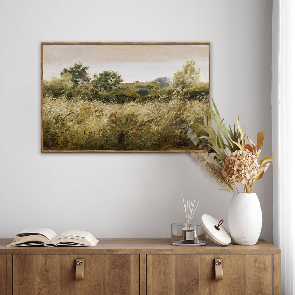 Framed Canvas Wall Art, Vintage Meadow Landscape Wall Art Prints, Retro Country Wildflower Field Farmhouse Wall Decor