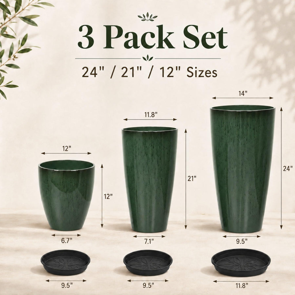 Set of 3 Tall Planter, 24/21/12in Large Plastic Planter, DarkGreen