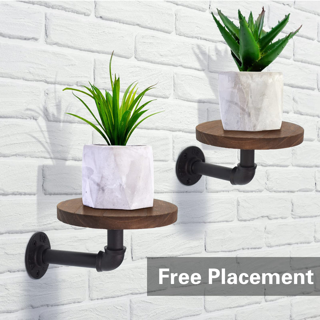 5.9inch Wall Mounted Floating Shelves Round Display Rack with Metal Industrial Pipe Brackets, Rustic Wood Shelving