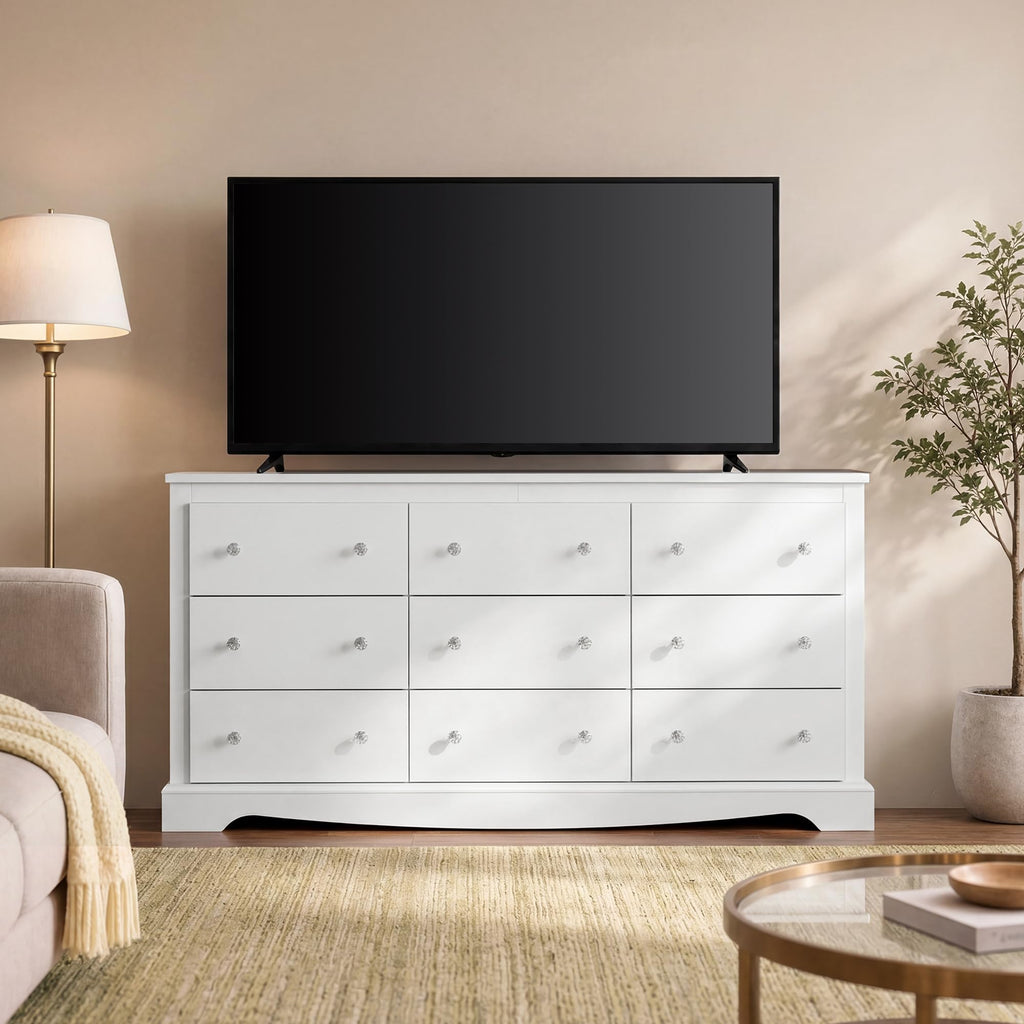63" Dresser, Modern 9 Drawer Dresser with Exclusive Anti-Tip Structure, Large Wooden Chest of Drawers with Metal