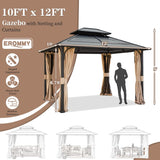 10'x12' Hardtop Gazebo, Double Metal Roof Canopy with Aluminum Frame, Netting and Shaded Curtains Included