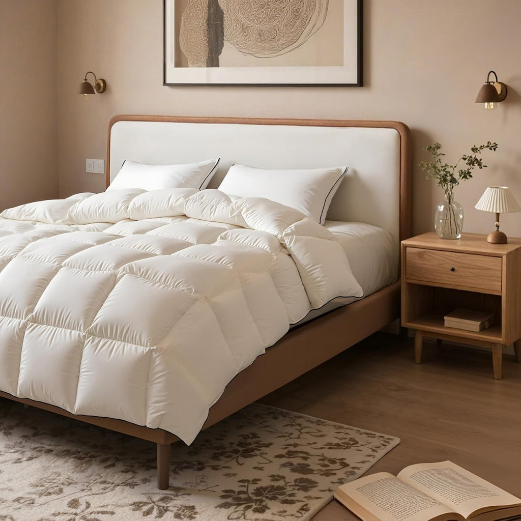 Breathable White Goose Down Fiber Comforter Queen 90”x90”, Super Cozy and Soft Hotel Quilted Duvet I