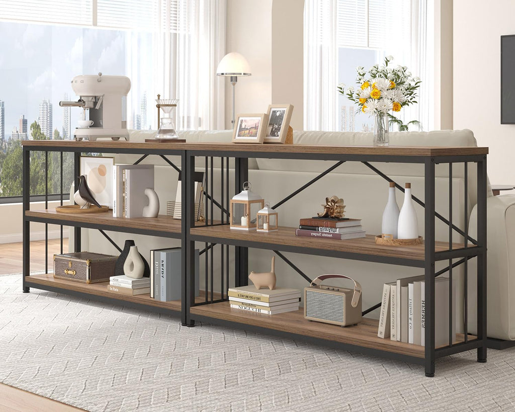 3 Tier Bookshelf, Industrial Wide Horizontal Bookcase Rustic Oak 47 in