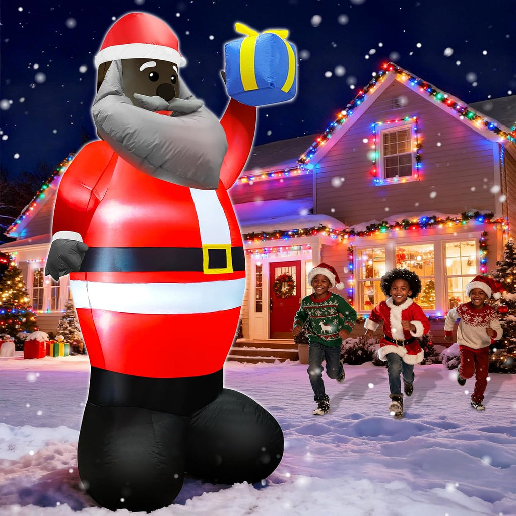 8 Ft Christmas Inflatables Outdoor Decorations Black Santa Claus, African American Santa Holds Gift Box Built in LED