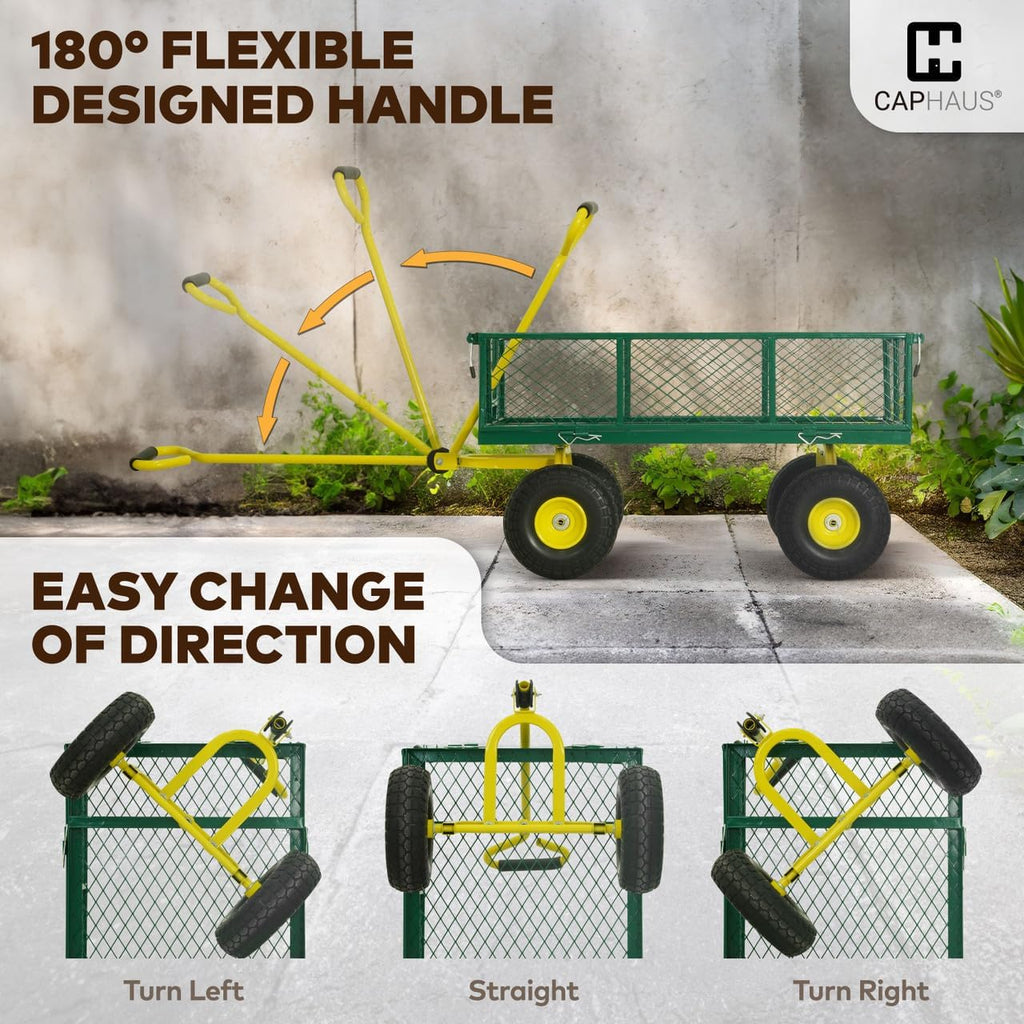 Metal Green Garden Cart, w/ 180° Adjustable Yellow Handle, w/Mat and Strap, Heavy Duty 880 lbs Capacity, w/ 10"