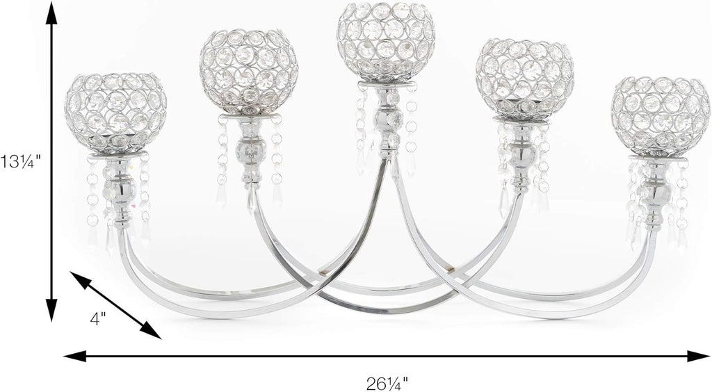 Quintette Candle Holder 5-Arm High Gloss Metallic Metal Tabletop Chandelier with Crystal Dangles, Candelabra, Candle