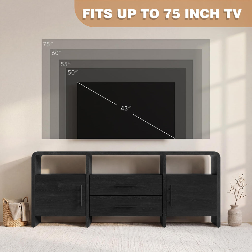 70" Curved TV Stand with Storage for TVs Up to 80", Modern Entertainment Center with 3 Open Shelves & 2 Drawers