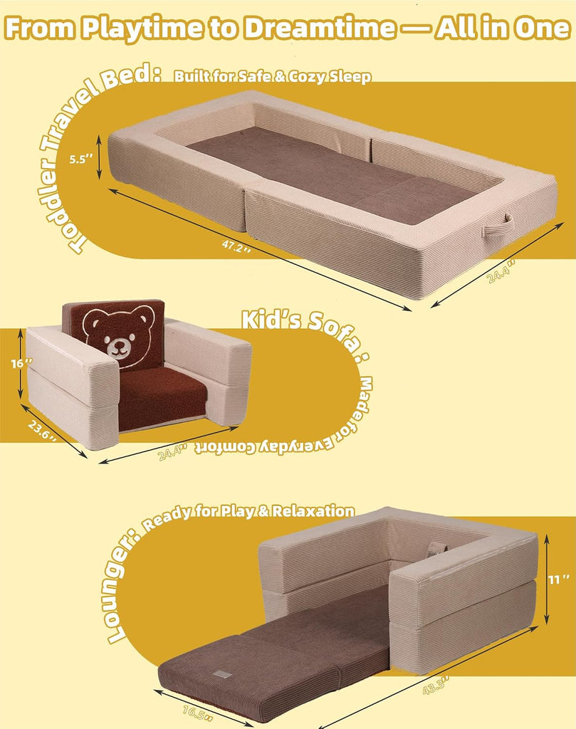 Toddler Travel Sofa Bed with Bear Pattern, 3-in-1 Convertible Toddler Sofa Bed, Portable Soft Foam Kids Couch