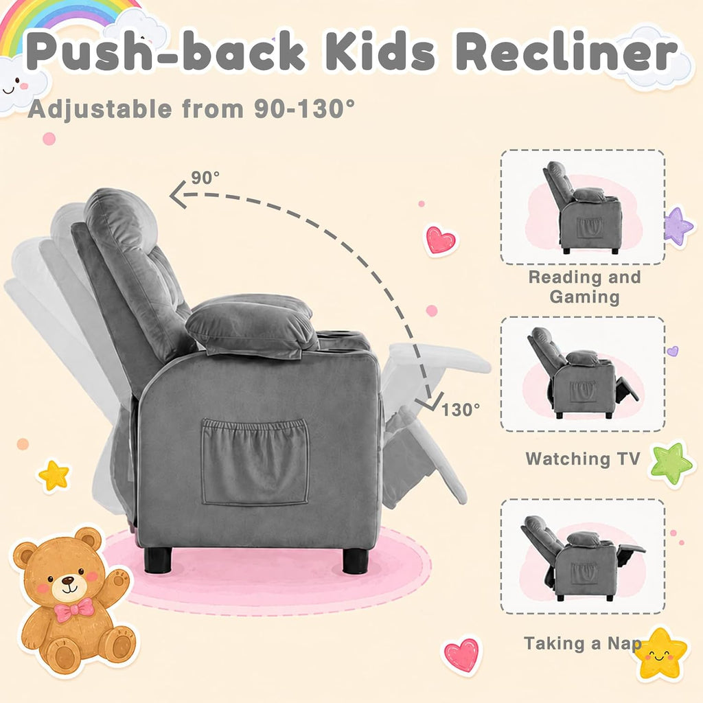 Kids Recliner, Toddlers Kids Recliner Chair with Cup Holder, Ergonomic Adjustable Velvet Lounge Chair with Footrest &