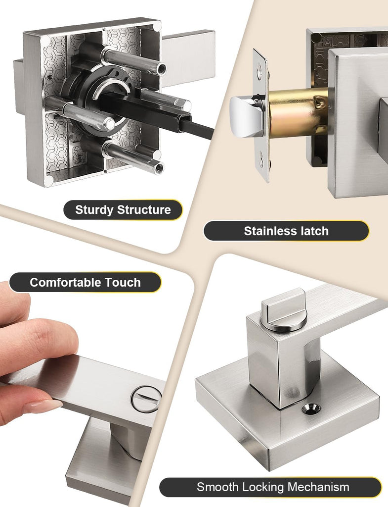 6 Pack Privacy Square Brushed Nickel Door Handles Interior, Keyless Door Knobs /Bathroom, Reversible for Left Right