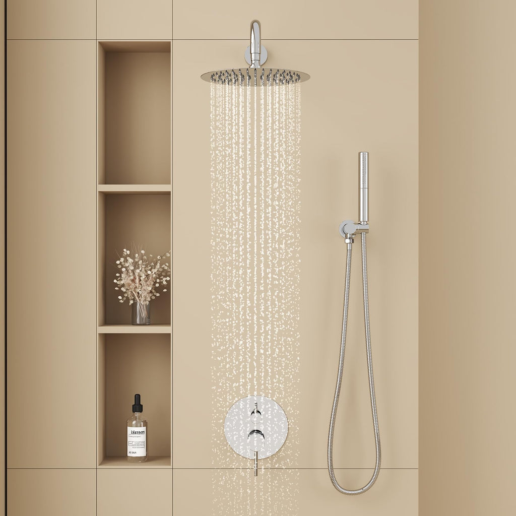Shower System with 10 Inch Round Rain Shower Head and Handheld Wall Mounted, High Pressure Rainfall Shower Faucet