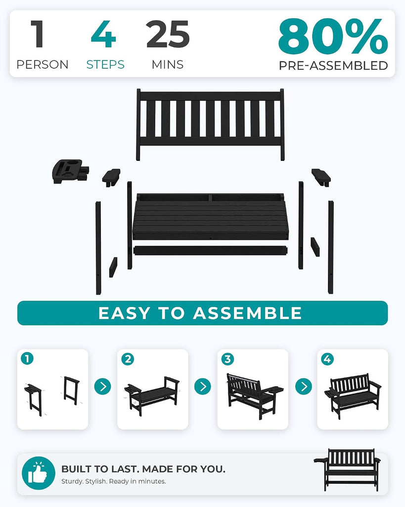 HDPE Outdoor Bench, Weatherproof Porch Bench, 1 Pack, Black | 660 lbs Weight Capacity, Suitable for 2 Person, HDPE