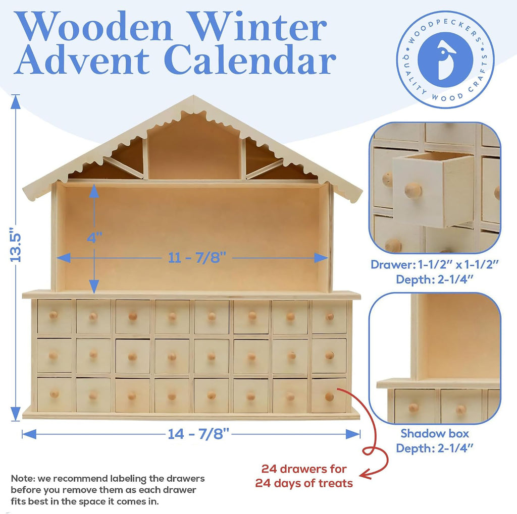 Wooden Winter Advent Calendar 2 x 8 Inch, Pack of 1 Craft Christmas Advent Calendar with 24 Empty Drawers