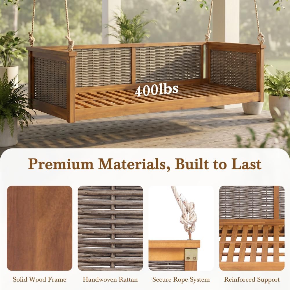 Porch Swing Bed, Twin Size Outdoor Solid Wood Hanging Daybed with Rattan Frame Long Ropes Teak Garden Swing Bench for