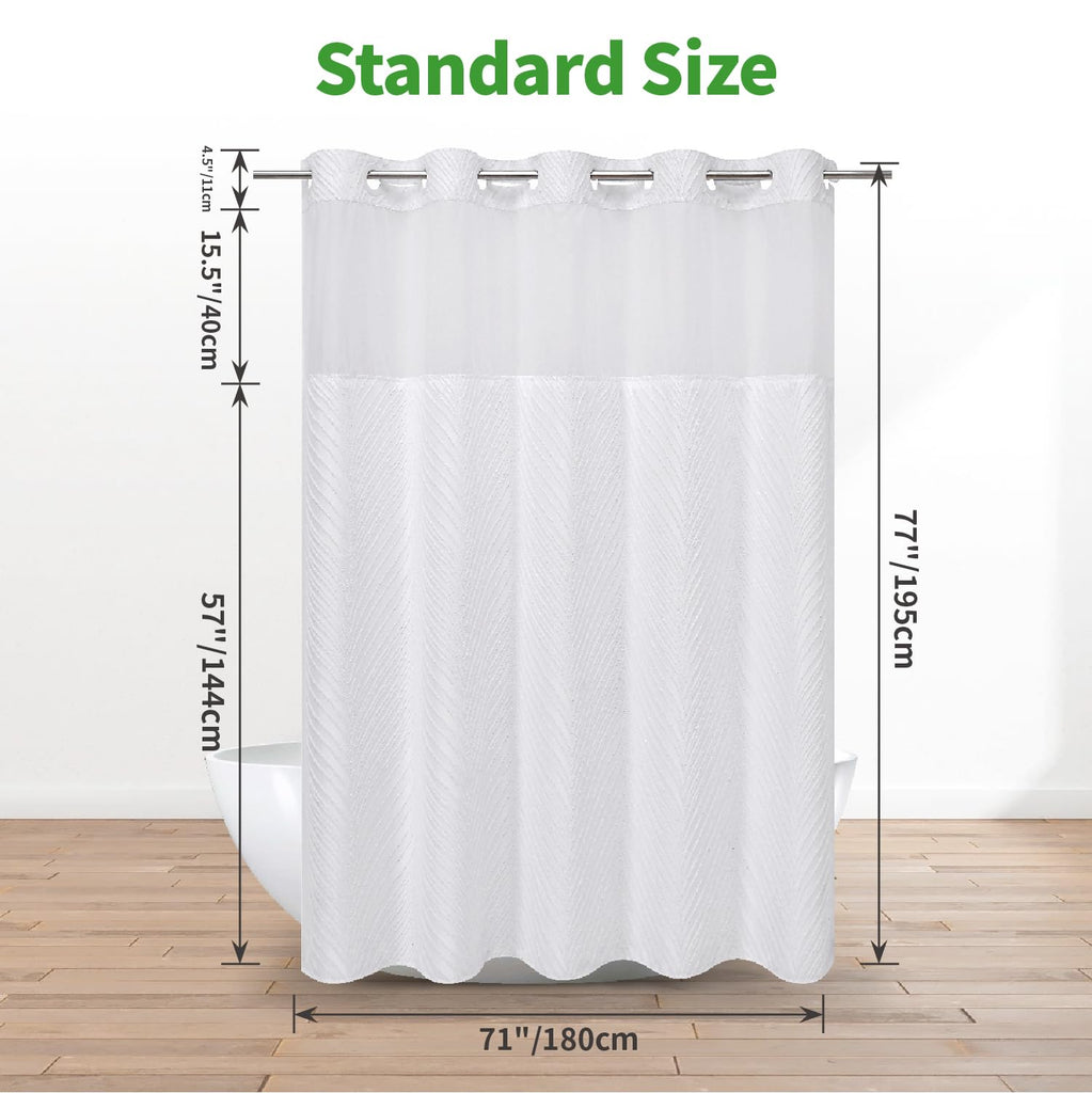 No Hook Shower Curtain and Liner Set, Boho Style with See Through Top Window, White Fabric Tufted Striped Textured