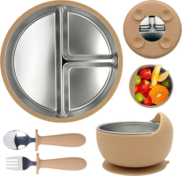 Stainless Steel Baby Feeding Set | Suction Plate & Bowl with Spoon Fork | Divided Toddler Plate | BPA‐Free, Durable