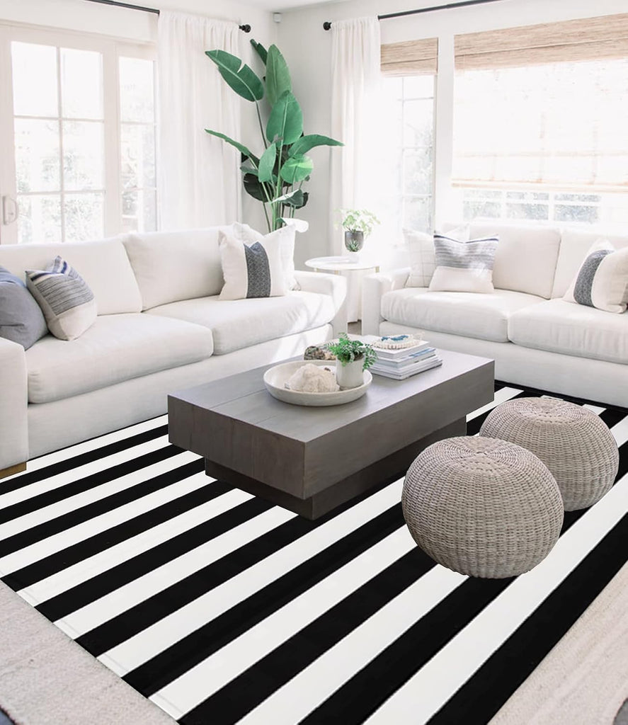 Cotton Black and White Striped Rug 8x10 Reversible Hand-Woven Washable Retro Lattice Striped Outdoor Rugs Black and