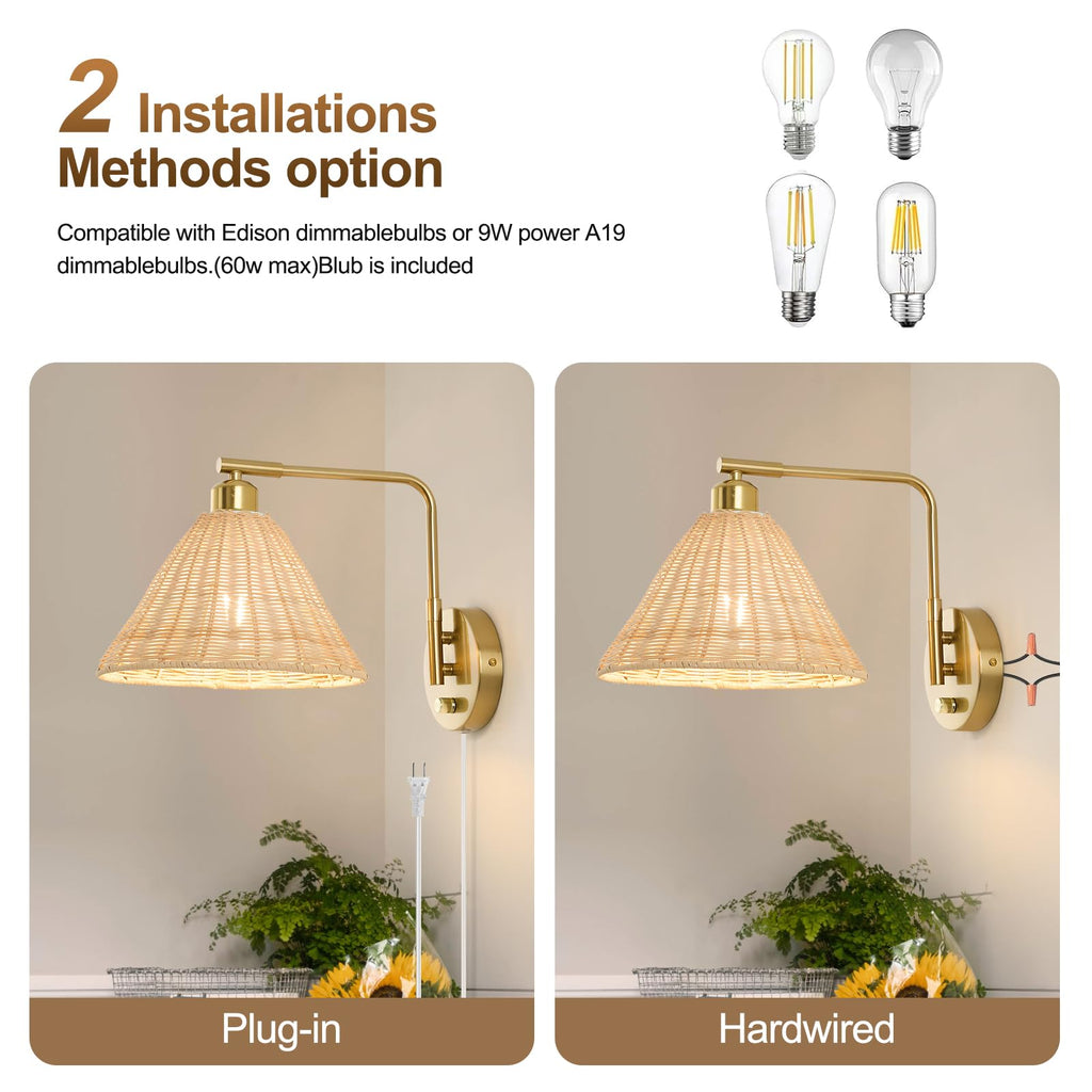 Plug in Wall Sconces Set of 2, Rattan Wall Lamps with Cord and Dimmer Switch, Gold Swing Arm Wall Mounted Bedside