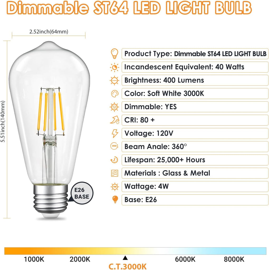 Dimmable ST64 LED Edison Bulbs, 4W 3000K Soft, E26, 6 Pack