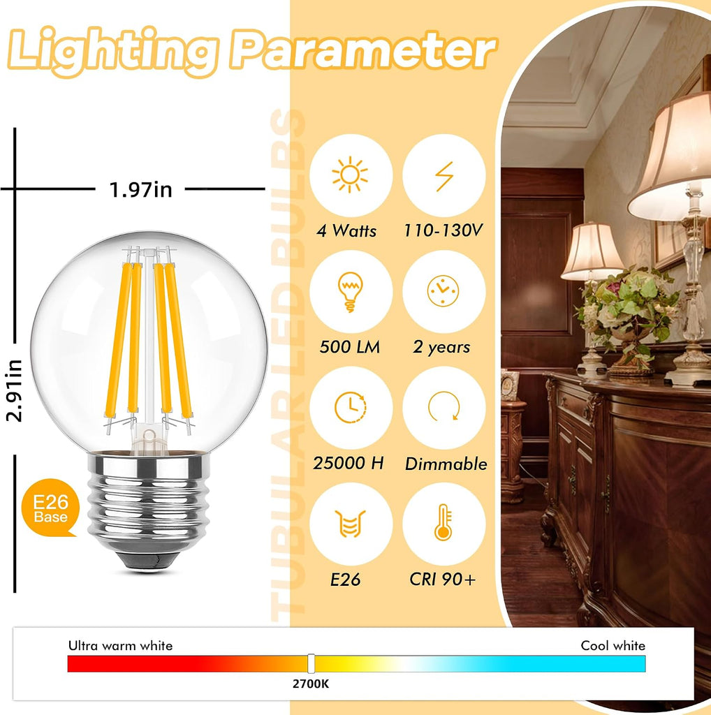 Dimmable E26 LED Light Bulbs 40 Watt,G16.5 4 Watt Small Edison Globe Bulb,2700k Warm White Filament Vintage Light