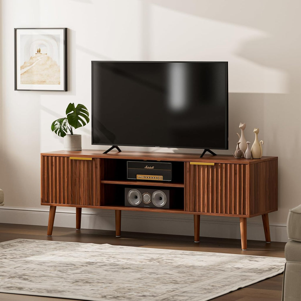 TV Stand with Fluted Doors for TVs up to 65", Mid-Century, Walnut | 54.3"W 15.3"D 19.6"H, 150 lbs capacity, 2 fluted